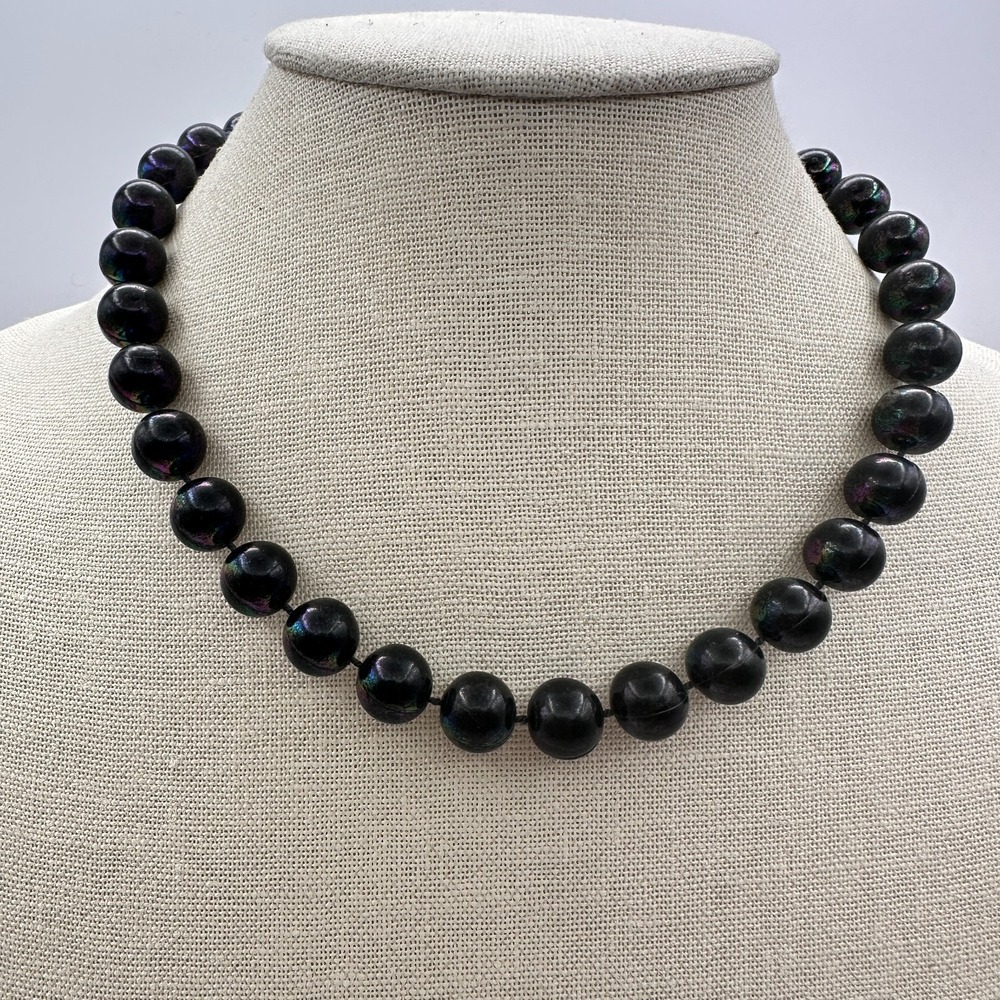 Vintage 90s Black Iridescent Bead Strand Necklace Boho Classic Fashion Jewelry